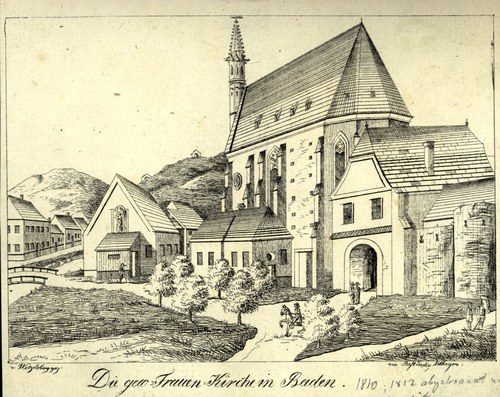 Ferdinand Anton Johann von Wetzelsberg, Die gew. Frauenkirche in Baden, 1825 (© Topographische Sammlung, NÖ Landesbibliothek)